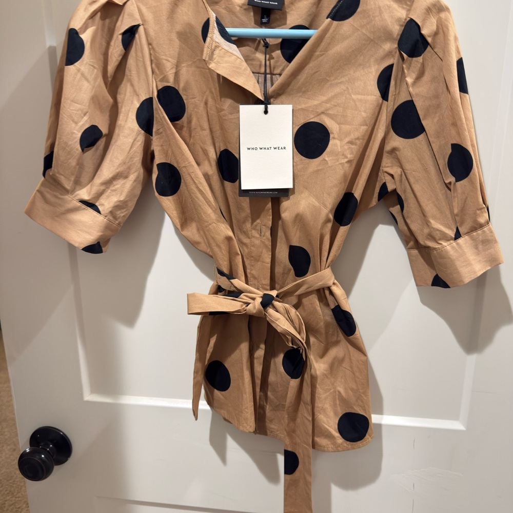 Who What Wear Camel Blouse with Black Dots